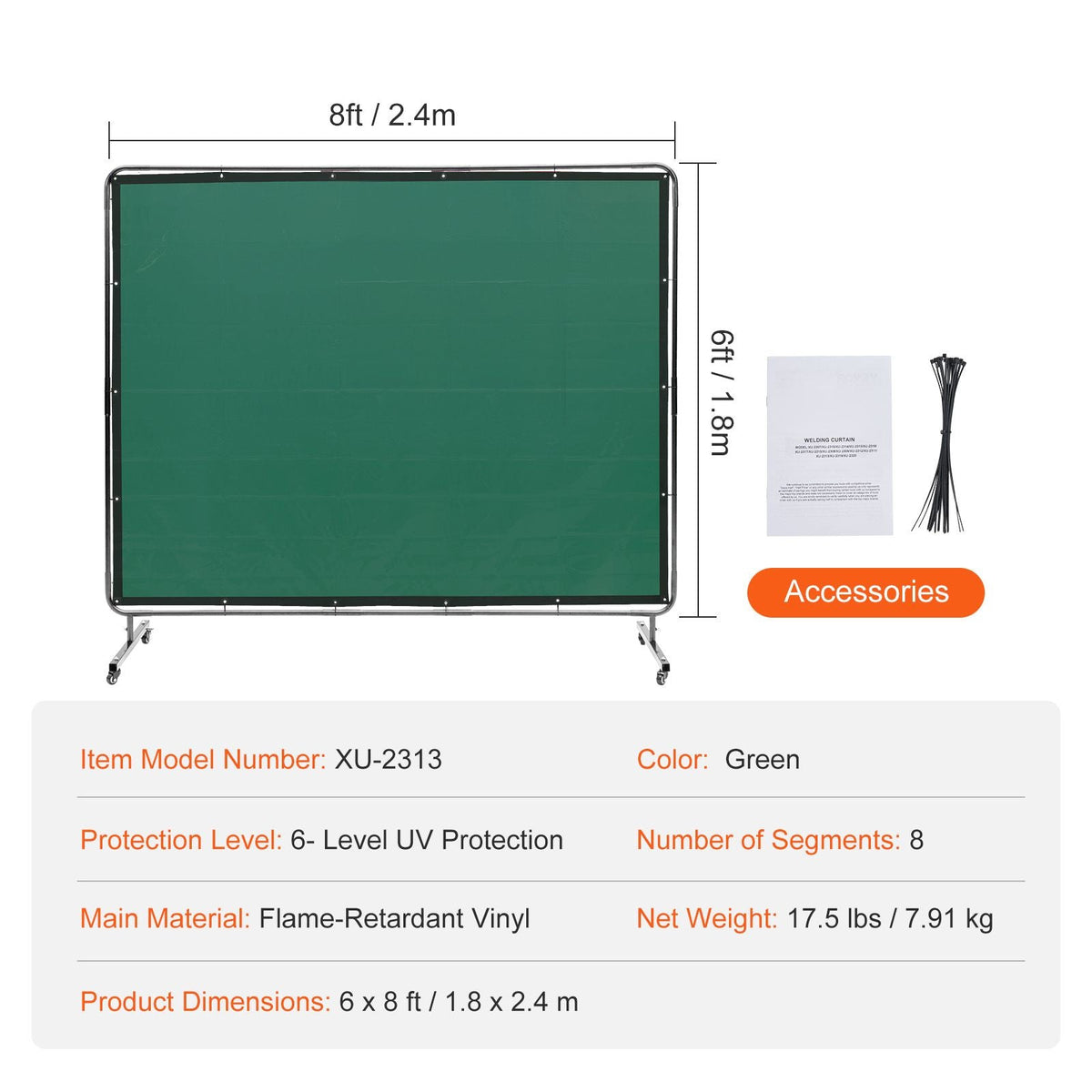 Welding Screen with Frame, 6' x 8' Welding Curtain Screen, Flame-Resistant Vinyl Welding Protection Screen on 4 Swivel Wheels (2 Lockable), Moveable & Professional for Workshop/Industrial, Green