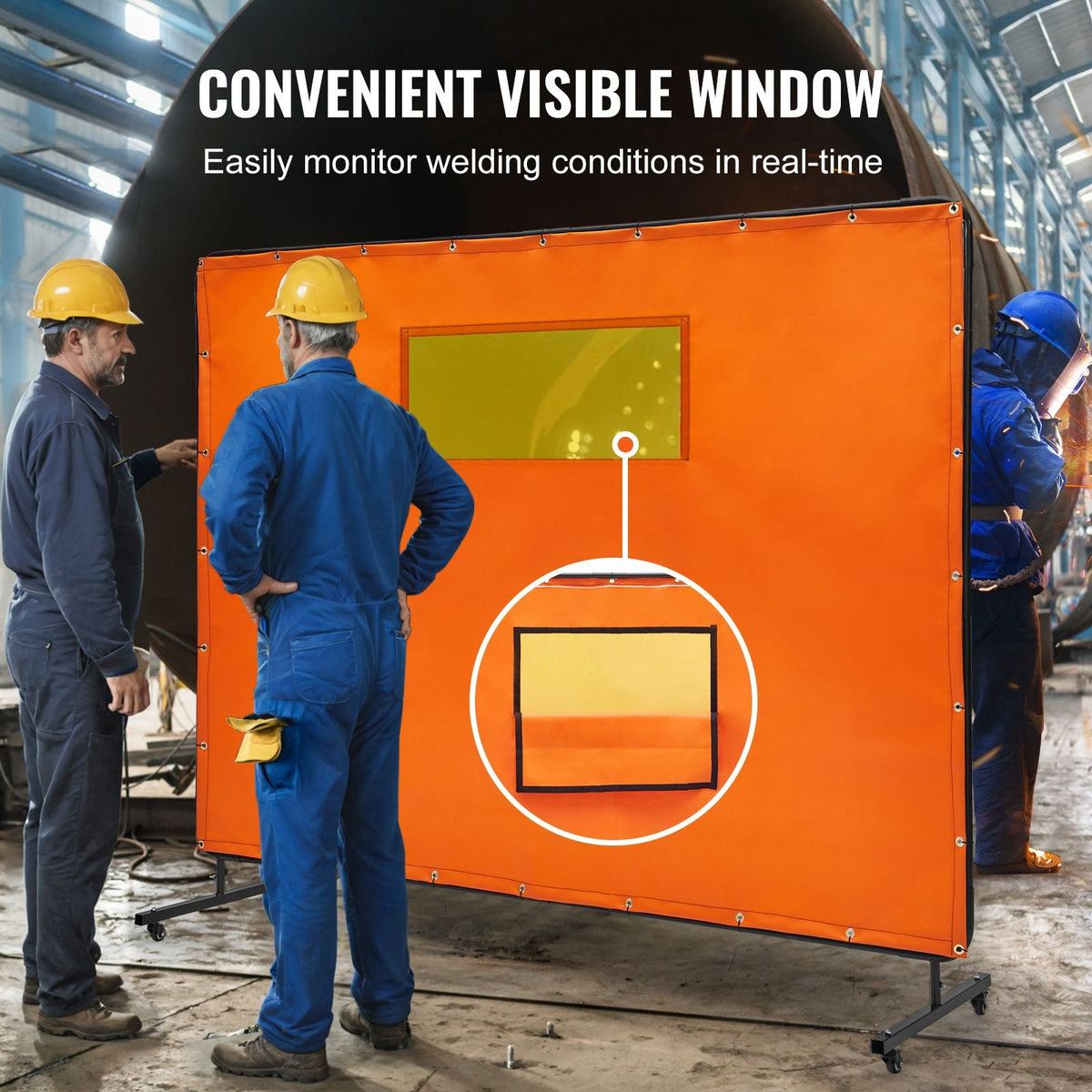Welding Screen with Frame, 6' x 8' Welding Curtain Screens, Flame-Resistant Vinyl Welding Protection Screen with 4 Swivel Wheels (2 Lockable) & Transparent Window for Workshop/Industrial, Yellow