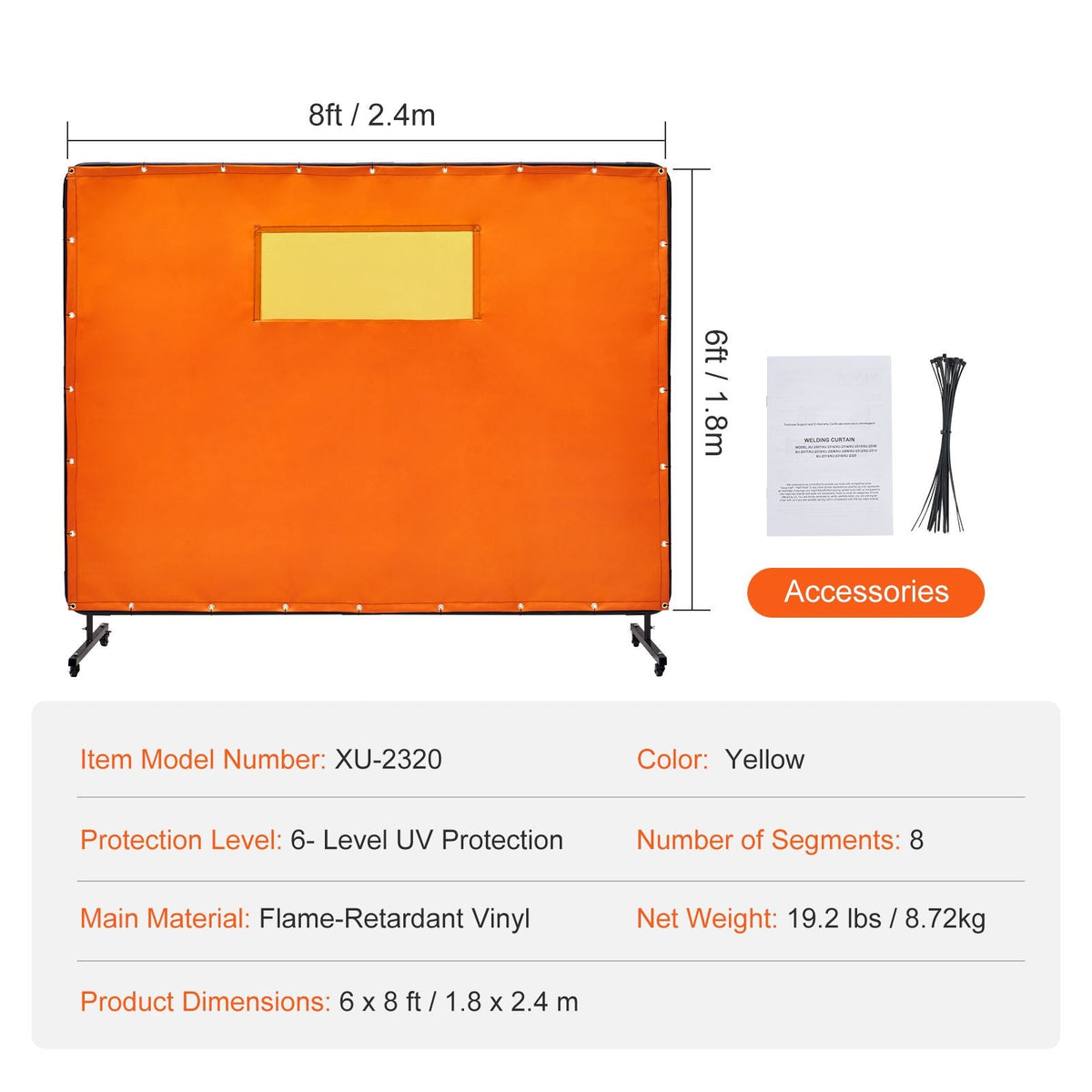 Welding Screen with Frame, 6' x 8' Welding Curtain Screens, Flame-Resistant Vinyl Welding Protection Screen with 4 Swivel Wheels (2 Lockable) & Transparent Window for Workshop/Industrial, Yellow