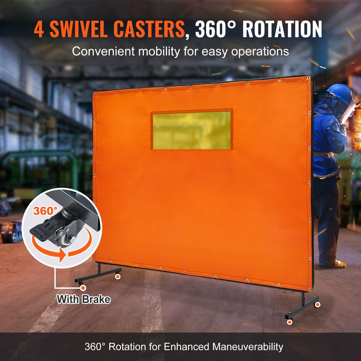 Welding Screen with Frame, 6' x 8' Welding Curtain Screens, Flame-Resistant Vinyl Welding Protection Screen with 4 Swivel Wheels (2 Lockable) & Transparent Window for Workshop/Industrial, Yellow