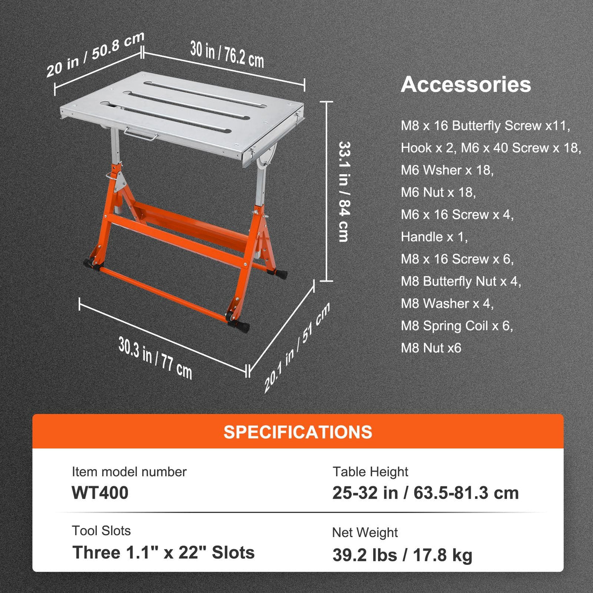 Welding Table 30" x 20", 400lbs Load Capacity Steel Welding Workbench Table on Wheels, Folding Work Bench with Three 1.1" Slot, 3 Tilt Angles, Adjustable Height, Retractable Guide Rails