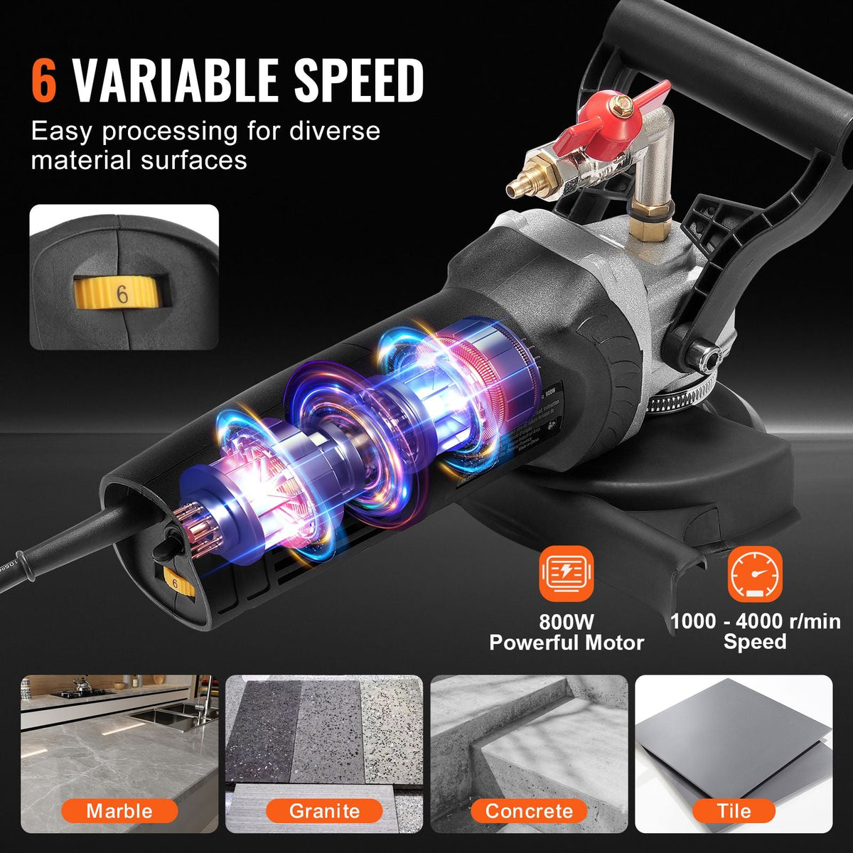 Wet Polisher 800W, 4" Concrete Grinder with 6 Variable Speed and 7 Polishing Kits, Wet Grinder Machine for Marble, Granite, Stone, Rock, Tile, Equipped with a GFCI Switch, (1000 - 4000 RPM)