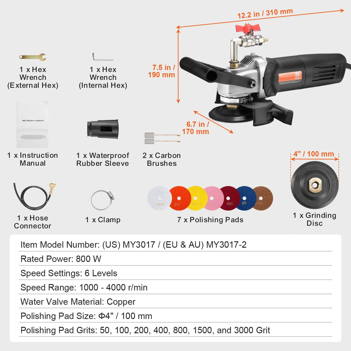 Wet Polisher 800W, 4" Concrete Grinder with 6 Variable Speed and 7 Polishing Kits, Wet Grinder Machine for Marble, Granite, Stone, Rock, Tile, Equipped with a GFCI Switch, (1000 - 4000 RPM)