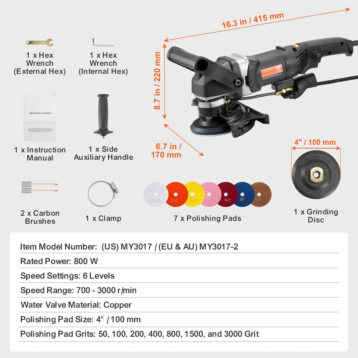 Wet Polisher 800W, 4" Concrete Grinder with 6 Variable Speed and 7 Polishing Kits, Wet Grinder Machine for Marble, Granite, Stone, Rock, Tile, Equipped with a GFCI Switch, (700 - 3000 RPM)