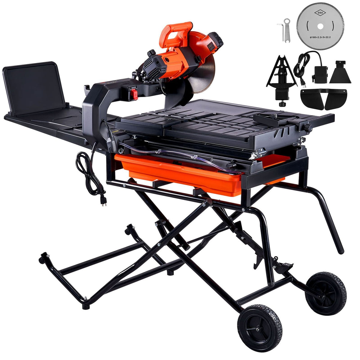 Wet Tile Saw with Stand, 10-inch 65Mn Steel Blade, 4500 RPM Motor, Tile Cutter Wet Saw with Water Reservoir and Casters, 0-45 Degrees Miter Angle for Cutting Tiles, Floor Tiles, and Stones