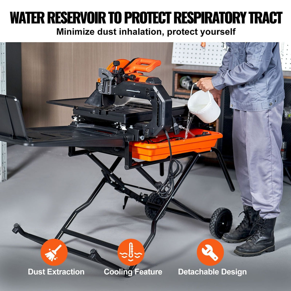 Wet Tile Saw with Stand, 10-inch 65Mn Steel Blade, 4500 RPM Motor, Tile Cutter Wet Saw with Water Reservoir and Casters, 0-45 Degrees Miter Angle for Cutting Tiles, Floor Tiles, and Stones