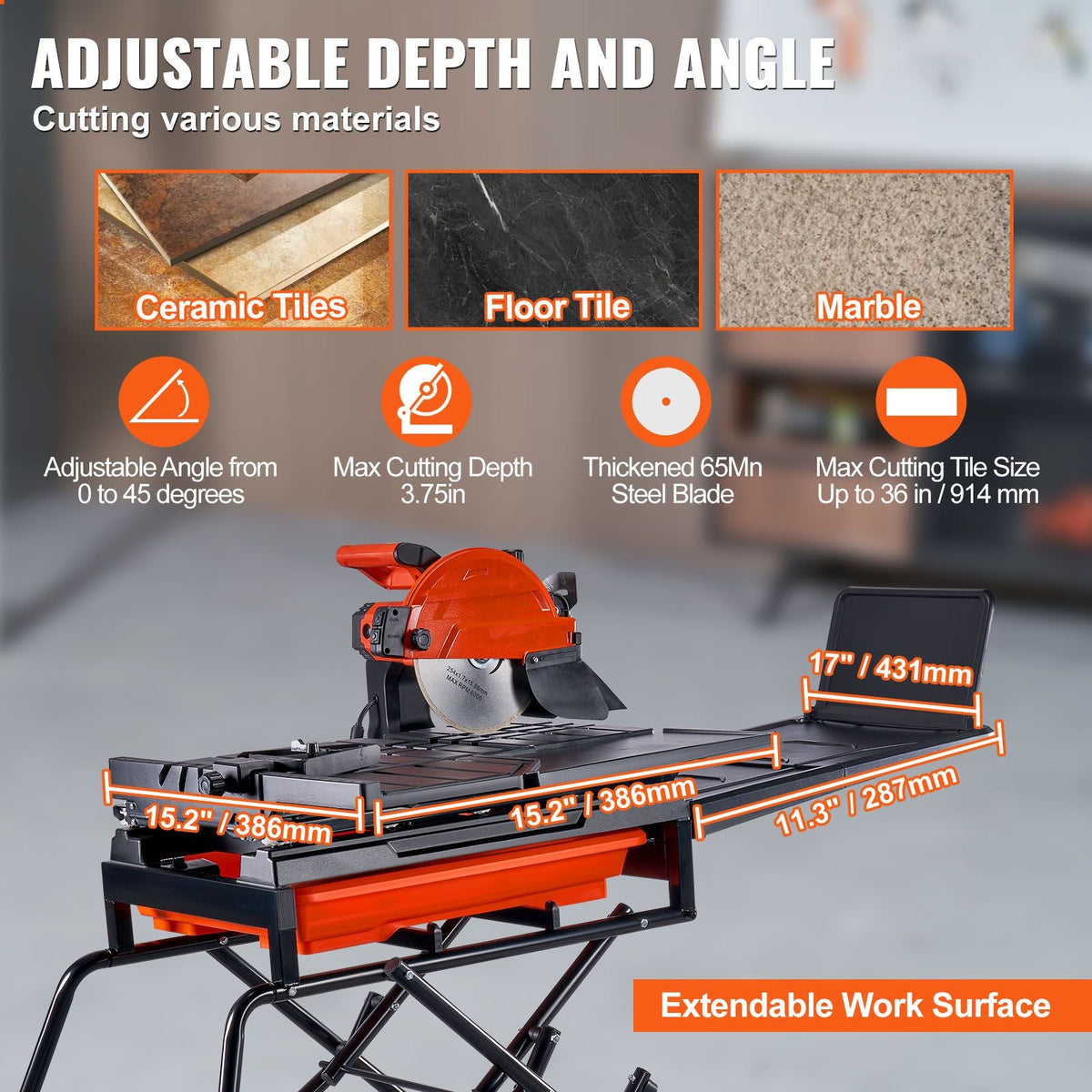 Wet Tile Saw with Stand, 10-inch 65Mn Steel Blade, 4500 RPM Motor, Tile Cutter Wet Saw with Water Reservoir and Casters, 0-45 Degrees Miter Angle for Cutting Tiles, Floor Tiles, and Stones