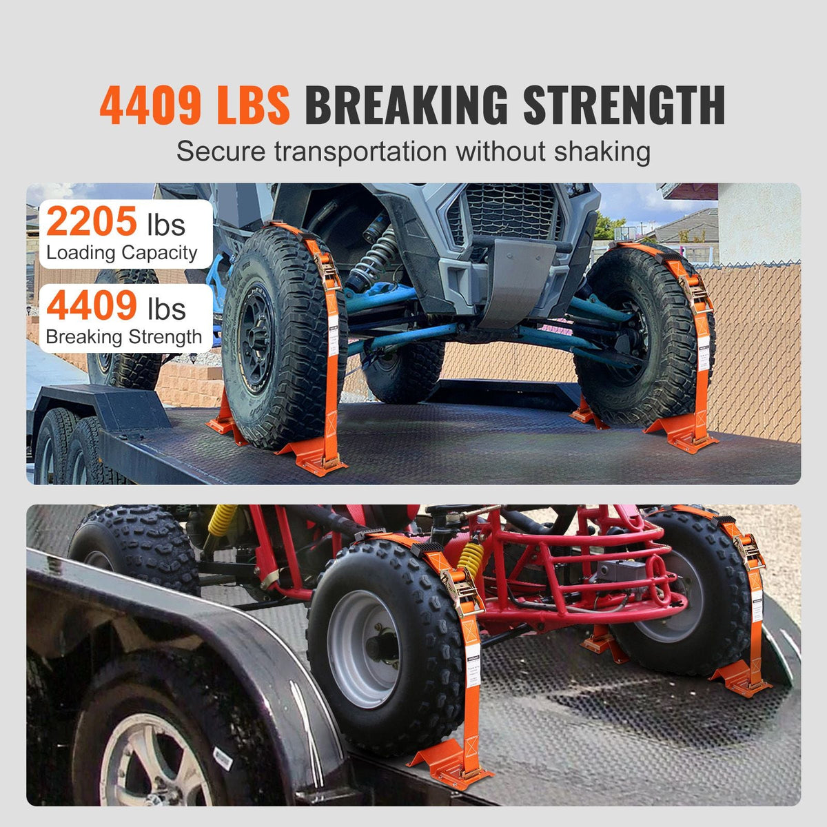 Wheel Chock Tie Down Kit, 2" x 96" Tie Down Strap Kit, Heavy Duty Trailer Tie Down System for 10"-23" Wheels, ATV, UTV, Trailer, Mower, Wheel Chock & Tie-Down Accessories, 4-Pack