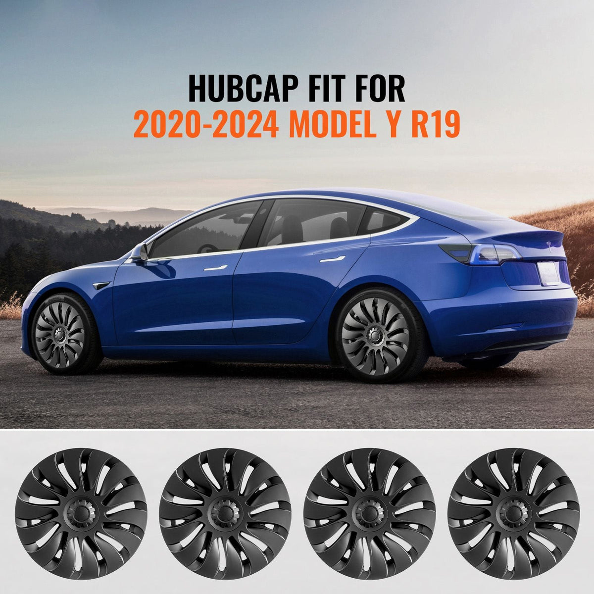 Wheel Rim Cover Hubcaps, 19 in, 2020-2024 Model Y Fully Fit Hubcap with Snap, Guard Tape & Valve Nozzle Hole, ABS & PC Hubcap with High Rigidity & Less Wind Drag, Fits for All Weather Use