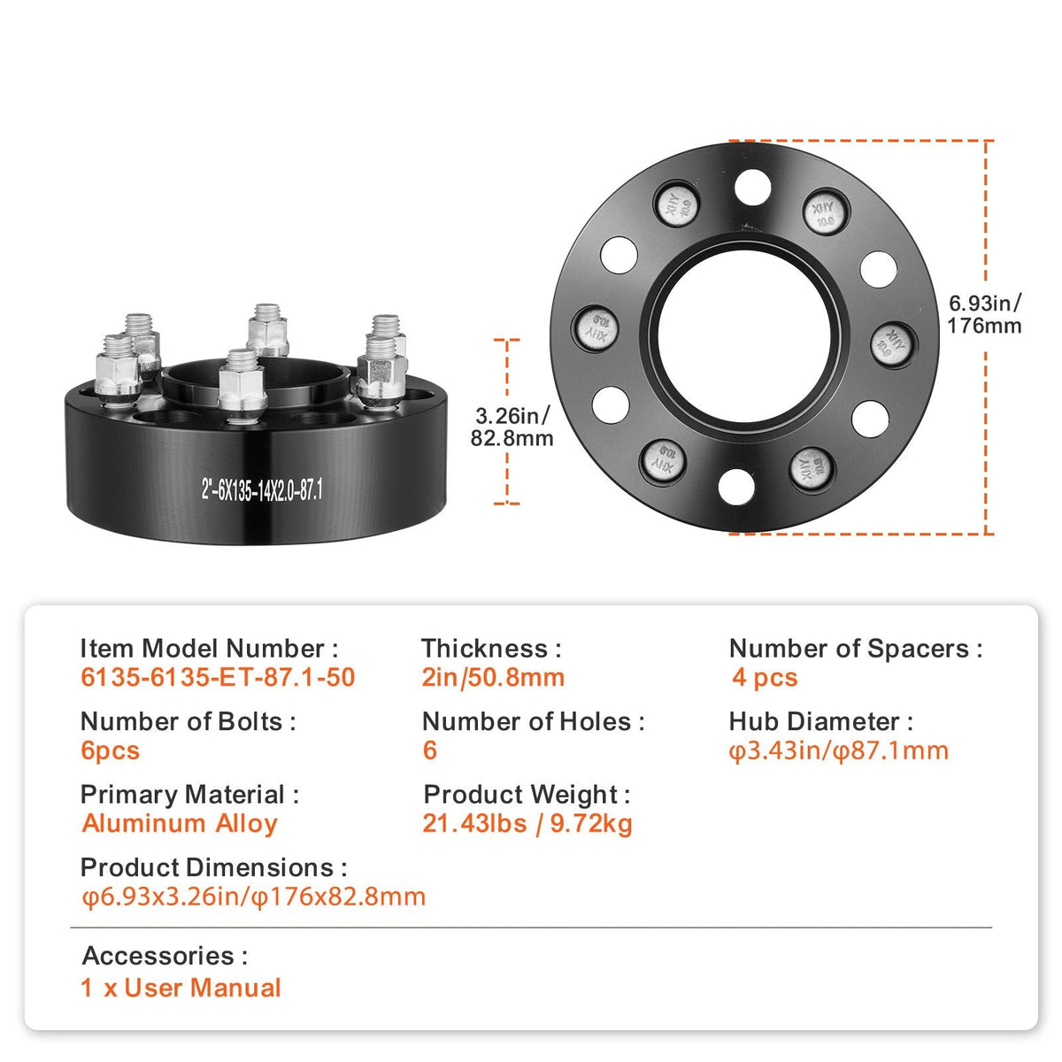 Wheel Spacers, 2" 6"x5.3" Wheel Adapters, 6 Lug Forged Spacer, 87.1 mm Bore Hubcentric M14 x2 Studs Spacers, Fit for Ford Expedition, F150, Lincoln Navigator, 4 PCS Black