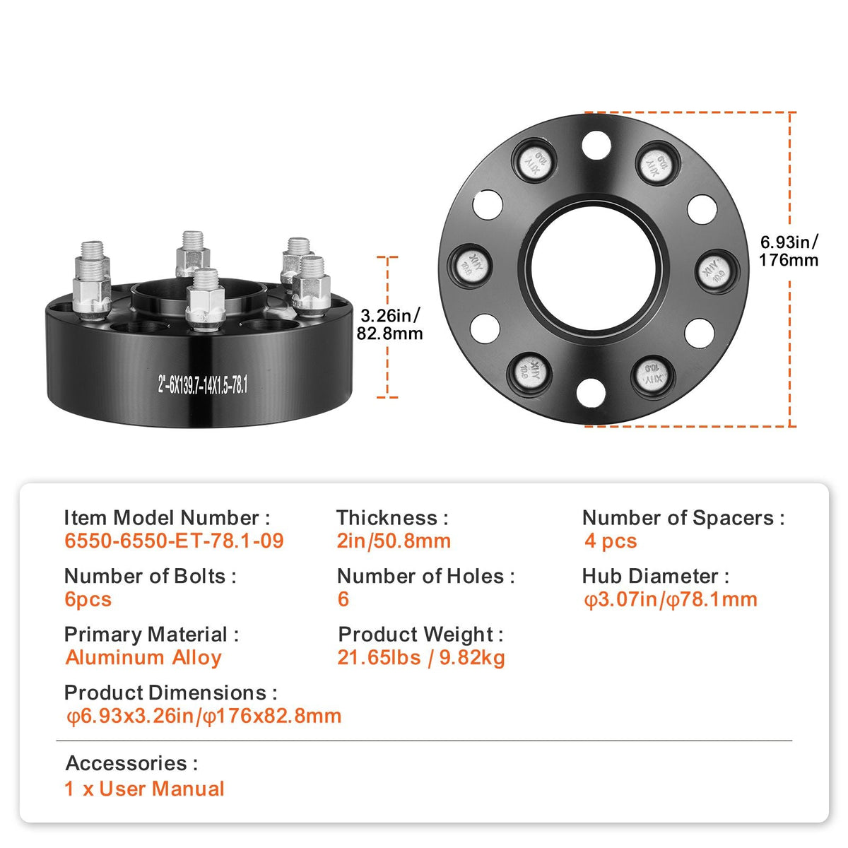 Wheel Spacers, 2" 6"x5.5" Wheel Adapters, 6 Lug Forged Spacer, 78.1 mm Bore Hubcentric M14 x1.5 Studs Spacers, Fit for 1984-2018 Chevrolet, GMC, and Cadillac, 4 PCS Black