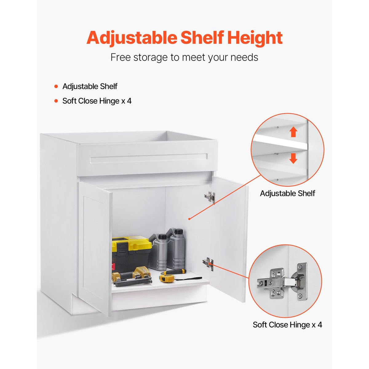 White Shaker Base Cabinet, 30-Inch Unassembled Sink Base Cabinet, 30" W x 24" D x 34.5" H Ready to Assemble Cabinet with Soft-Close Doors and Adjustable Shelf, for Home Office