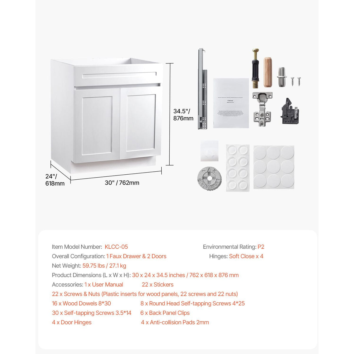 White Shaker Base Cabinet, 30-Inch Unassembled Sink Base Cabinet, 30" W x 24" D x 34.5" H Ready to Assemble Cabinet with Soft-Close Doors and Adjustable Shelf, for Home Office