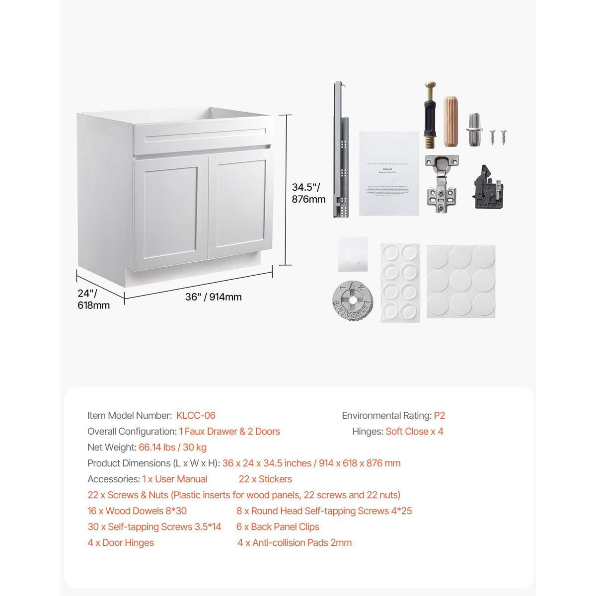 White Shaker Base Cabinet, 36-Inch Unassembled Sink Base Cabinet, 36" W x 24" D x 34.5" H Ready to Assemble Cabinet with Soft-Close Doors and Adjustable Shelf, for Home Office