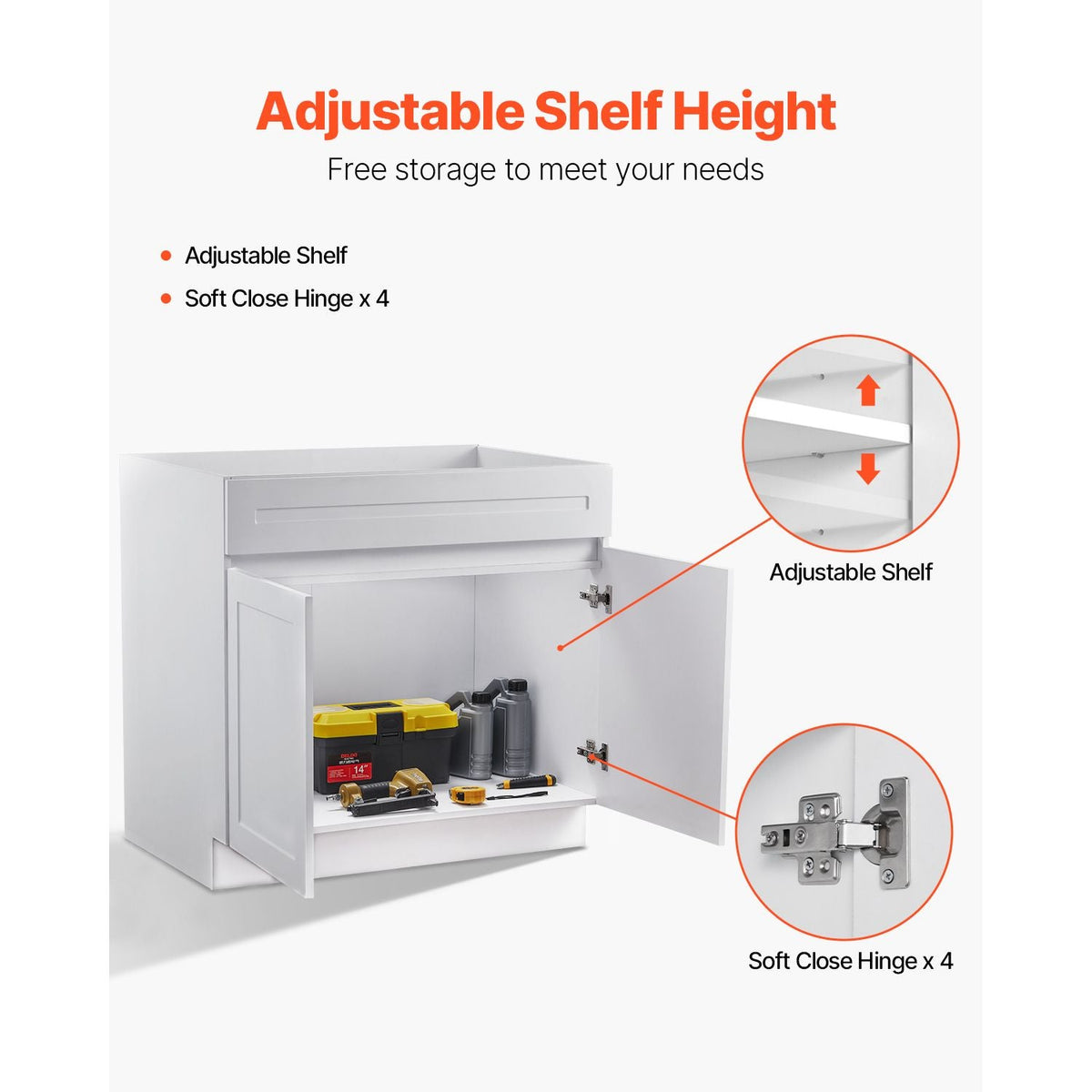 White Shaker Base Cabinet, 36-Inch Unassembled Sink Base Cabinet, 36" W x 24" D x 34.5" H Ready to Assemble Cabinet with Soft-Close Doors and Adjustable Shelf, for Home Office