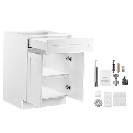 White Shaker Base Cabinet with Drawer, 24-Inch Unassembled Drawer Base Cabinet, 24" W x 24" D x 34.5" H Ready to Assemble Cabinet with Soft-Close Doors and Adjustable Shelf, for Home Office