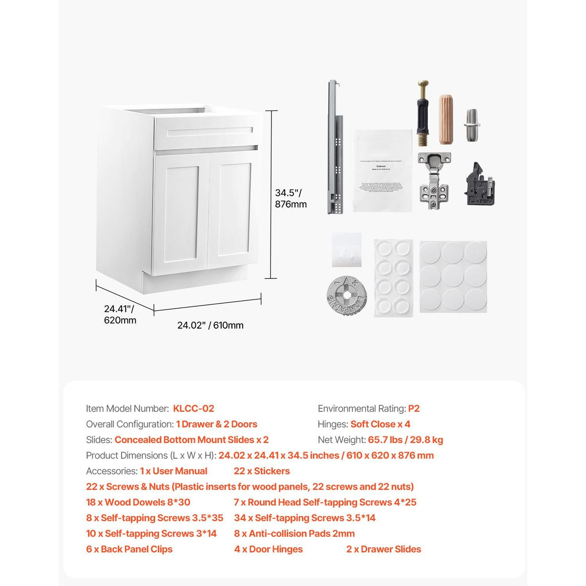 White Shaker Base Cabinet with Drawer, 24-Inch Unassembled Drawer Base Cabinet, 24" W x 24" D x 34.5" H Ready to Assemble Cabinet with Soft-Close Doors and Adjustable Shelf, for Home Office