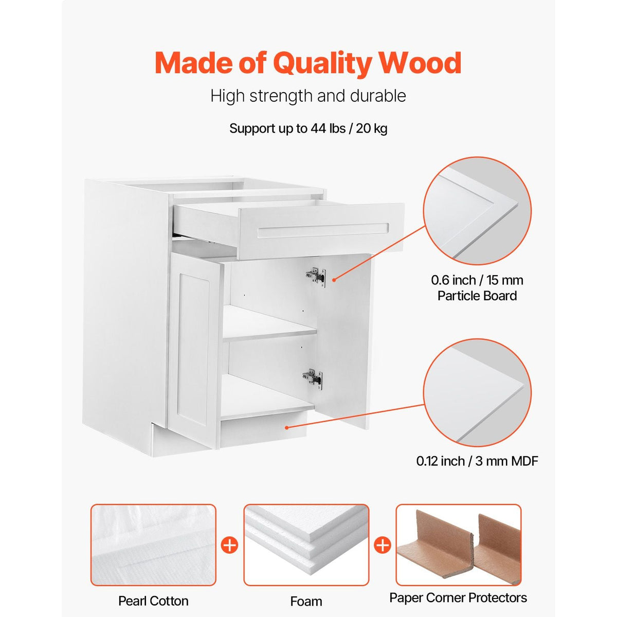 White Shaker Base Cabinet with Drawer, 24-Inch Unassembled Drawer Base Cabinet, 24" W x 24" D x 34.5" H Ready to Assemble Cabinet with Soft-Close Doors and Adjustable Shelf, for Home Office