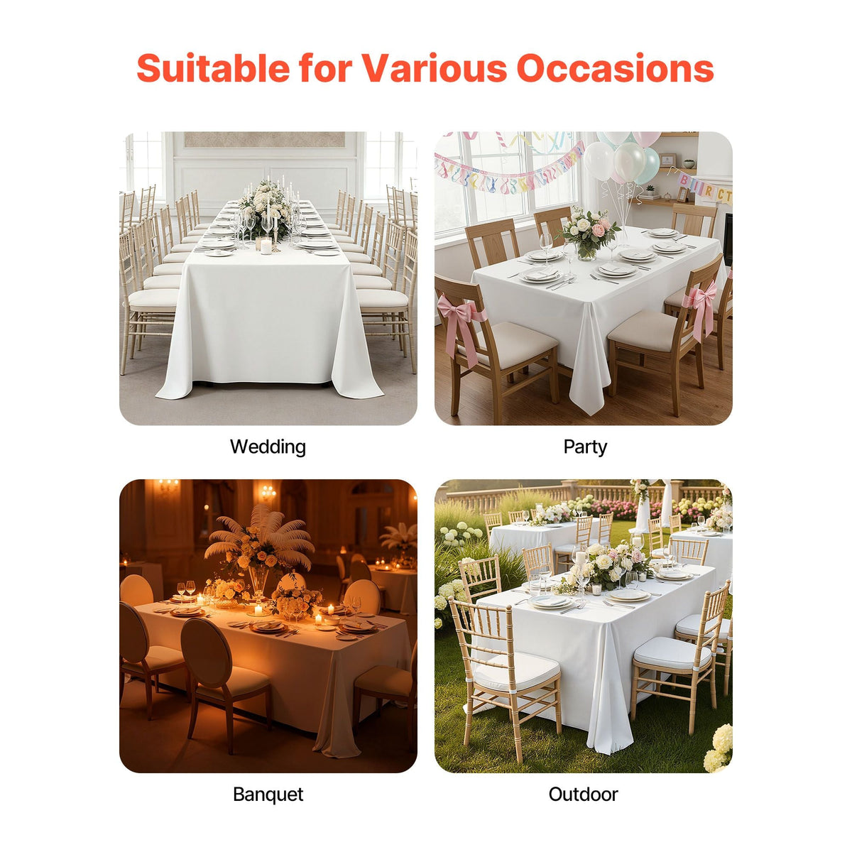 White Tablecloths for Rectangle Tables, 6 Pack, 60 x 102 Inches, Reusable and Machine Washable Table Clothes, Wrinkle-Resistant Polyester Fabric Table Covers for Wedding, Party, Banquet