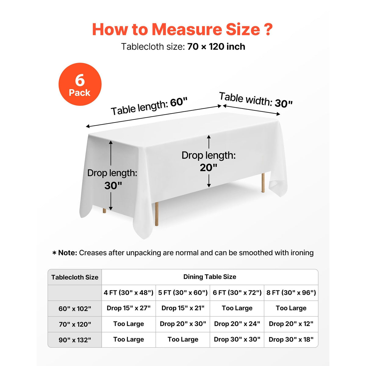 White Tablecloths for Rectangle Tables, 6 Pack, 70 x 120 Inches, Reusable and Machine Washable Table Clothes, Wrinkle-Resistant Polyester Fabric Table Covers for Wedding, Party, Banquet