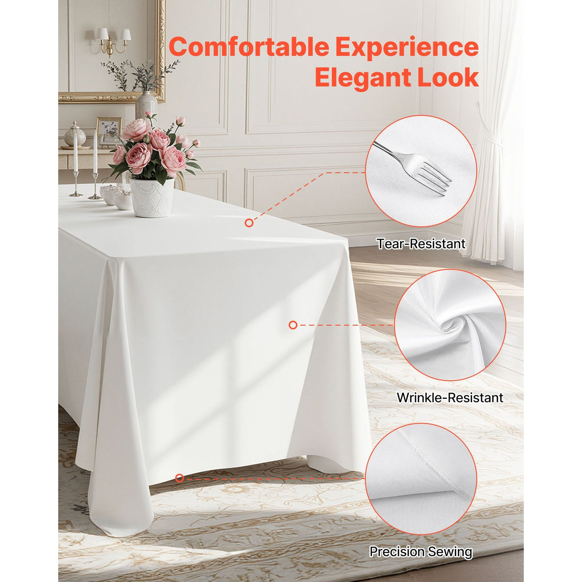 White Tablecloths for Rectangle Tables, 6 Pack, 90 x 132 Inches, Reusable and Machine Washable Table Clothes, Wrinkle-Resistant Polyester Fabric Table Covers for Wedding, Party, Banquet