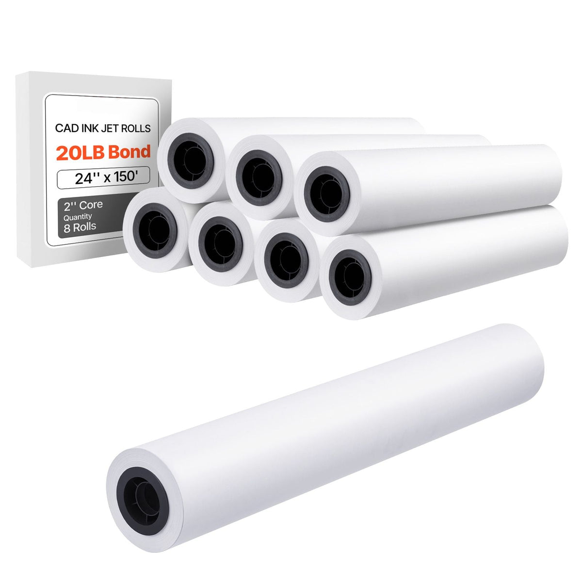 Wide Format Paper, 24 in x 150 ft Plotter Roll, 8 Rolls CAD Bond Rolls with 2 in Core, 20 LB Bond Paper Rolls, Ideal for CAD Drawings, Engineering Plans, GIS Maps, and Architectural Designs