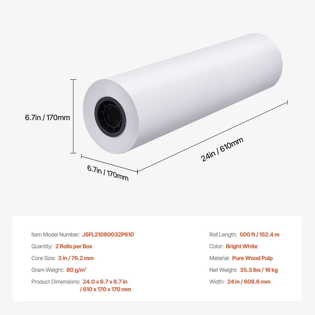 Wide Format Paper, 24 in x 500 ft Plotter Paper, 2 Rolls CAD Bond Rolls with 3 in Core, 20 LB Bond Paper Rolls, Idea for CAD Drawings, Engineering Plans, GIS Maps & Architectural Designs
