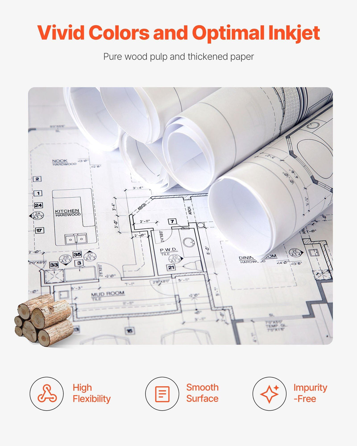 Wide Format Paper, 30 in x 500 ft Plotter Roll, 2 Rolls CAD Bond Rolls with 3 in Core, 20 LB Bond Paper Rolls, Ideal for CAD Drawings, Engineering Plans, GIS Maps, and Architectural Designs