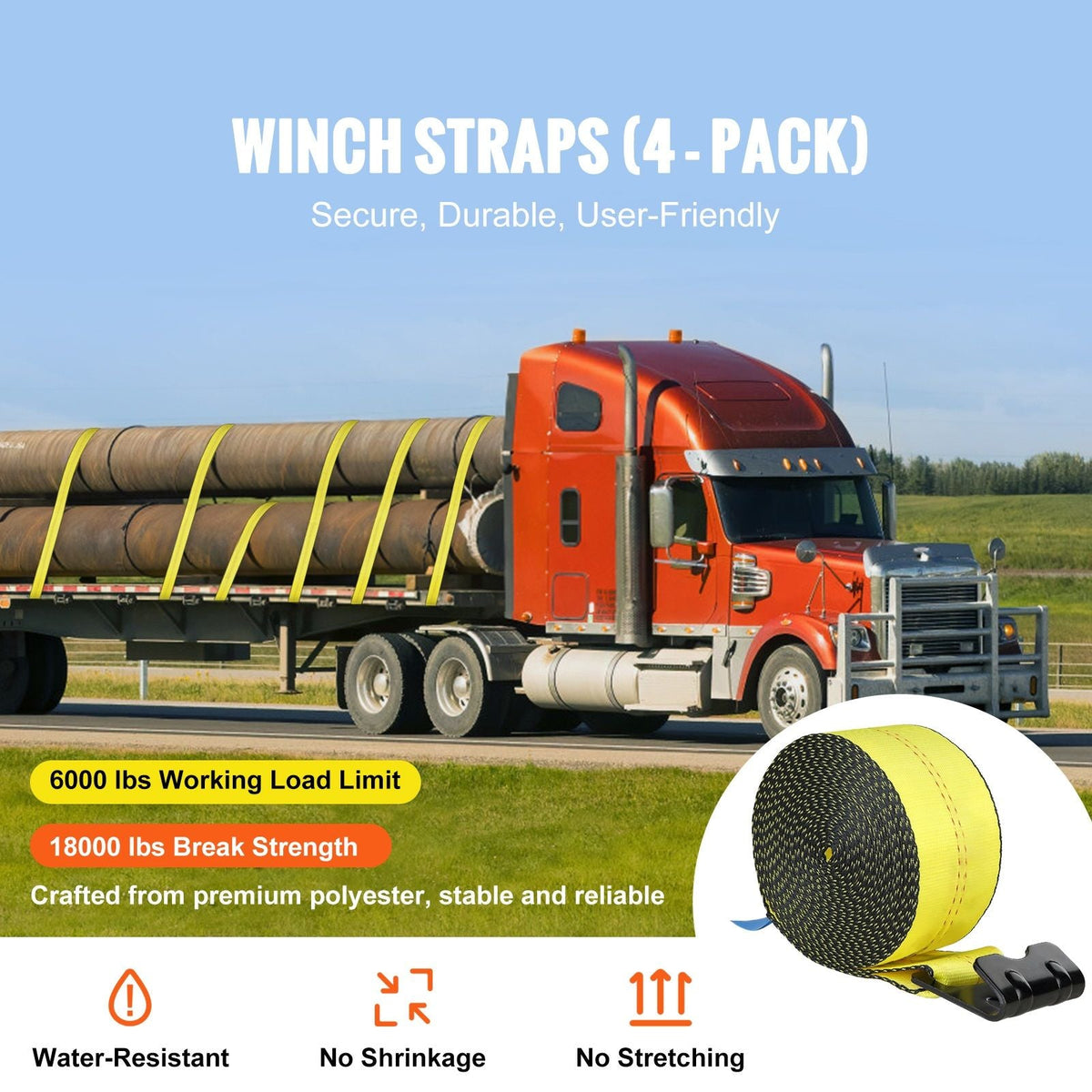 Winch Straps, 4" x 30', 6000 lbs Load Capacity, 18000 lbs Break Strength, Truck Straps with Flat Hook, Flatbed Tie Downs Cargo Control for Trailers, Farms, Rescues, Tree Saver, Yellow (4 Pack)