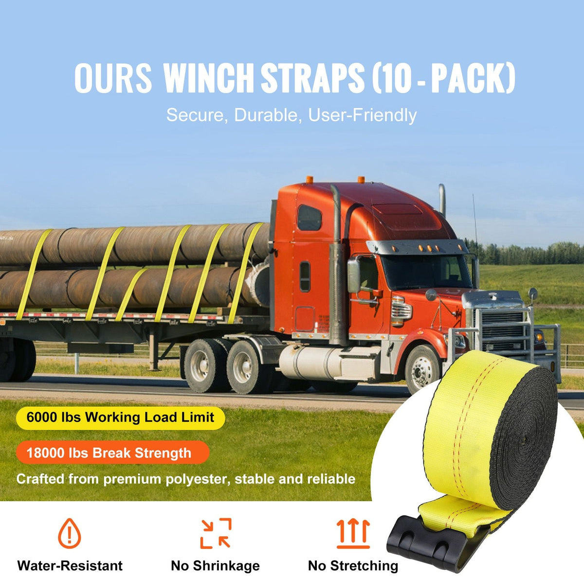 Winch Straps, 4" x 40', 6000 lbs Load Capacity, 18000 lbs Break Strength, Truck Straps with Flat Hook, Flatbed Tie Downs Cargo Control for Trailers, Farms, Rescues, Tree Saver, Yellow (10 Pack)