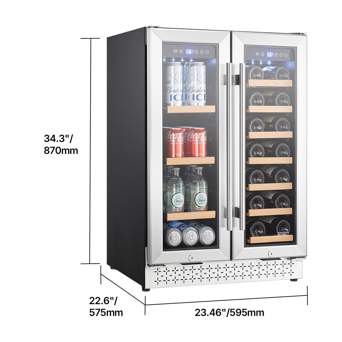 Wine and Beverage Refrigerator, 24 in Dual Zone Wine Cooler, Built-in & Freestanding Fridge with Glass Doors, Adjustable Shelves, Digital Temperature Control, 64 Cans and 20 Bottles Capacity