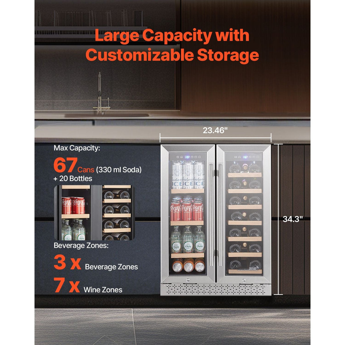 Wine and Beverage Refrigerator, 24 in Dual Zone Wine Cooler, Built-in & Freestanding Fridge with Glass Doors, Adjustable Shelves, Digital Temperature Control, 64 Cans and 20 Bottles Capacity