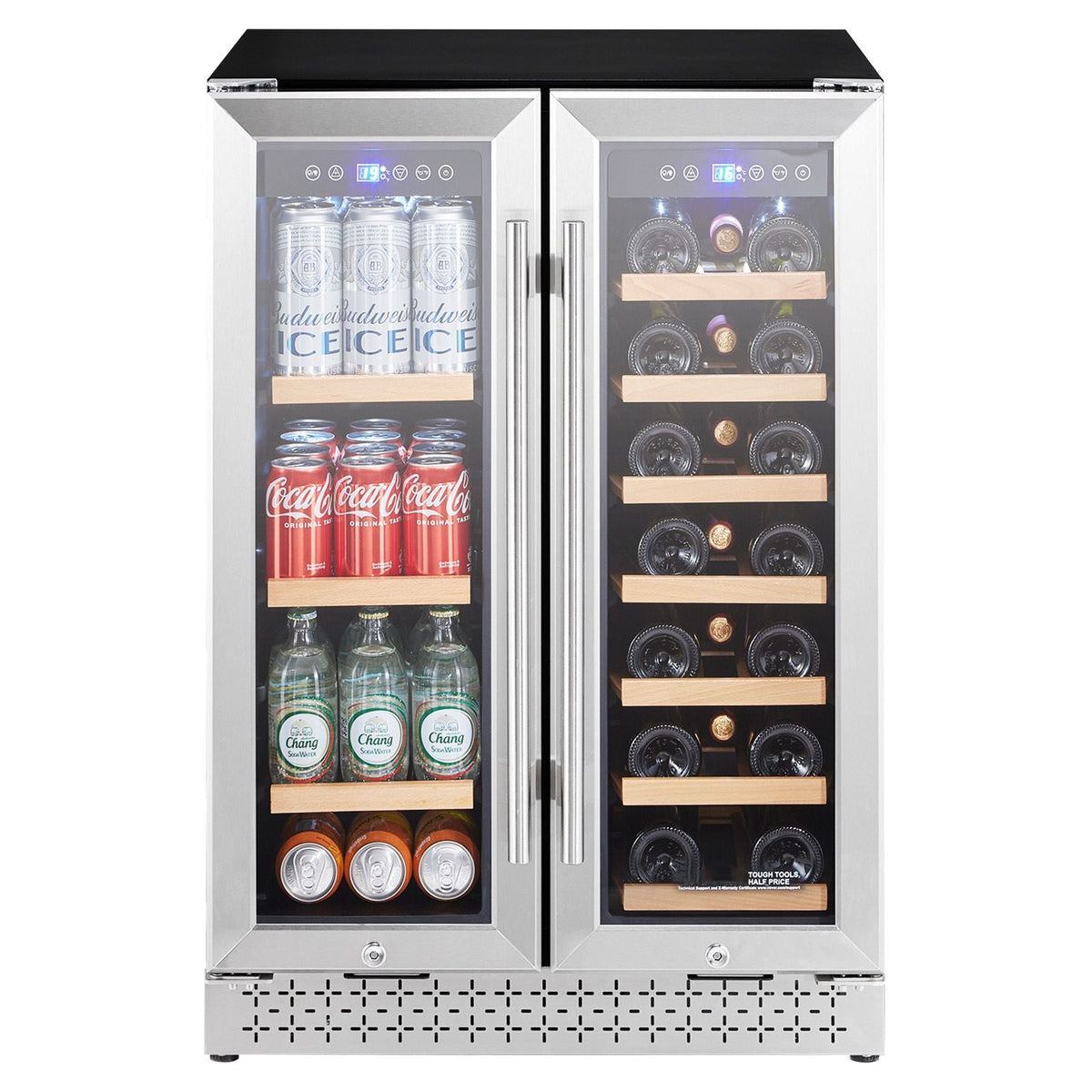 Wine and Beverage Refrigerator, 24 in Dual Zone Wine Cooler, Built-in & Freestanding Fridge with Glass Doors, Adjustable Shelves, Digital Temperature Control, 64 Cans and 20 Bottles Capacity