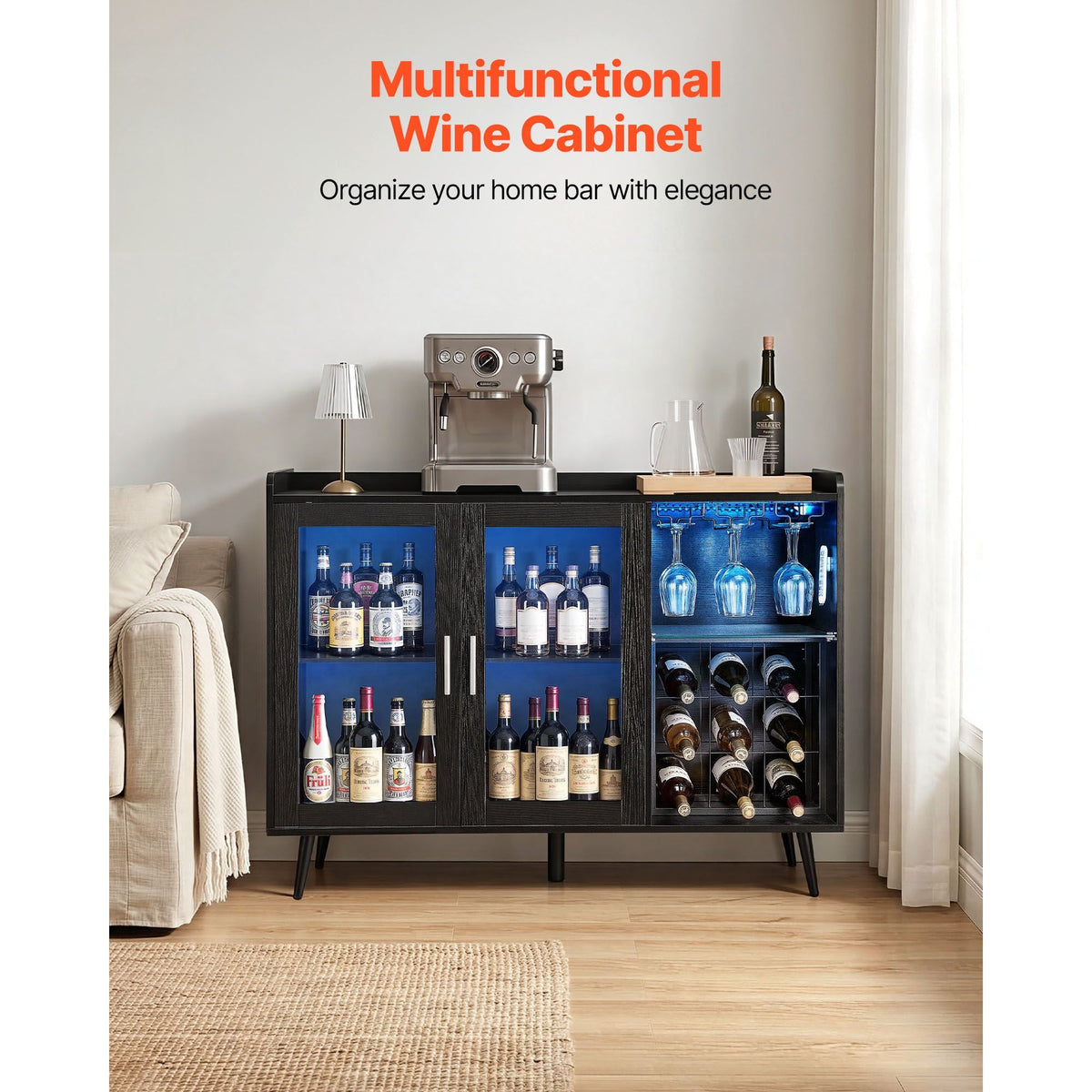 Wine Cabinet, Coffee Bar Cabinet with 9 Wine Bottle Racks, Modern Buffet Sideboard with Glass Holder, Adjustable LED Brightness, for Home Kitchen, Living Room, Dining Room, Black Wood Grain