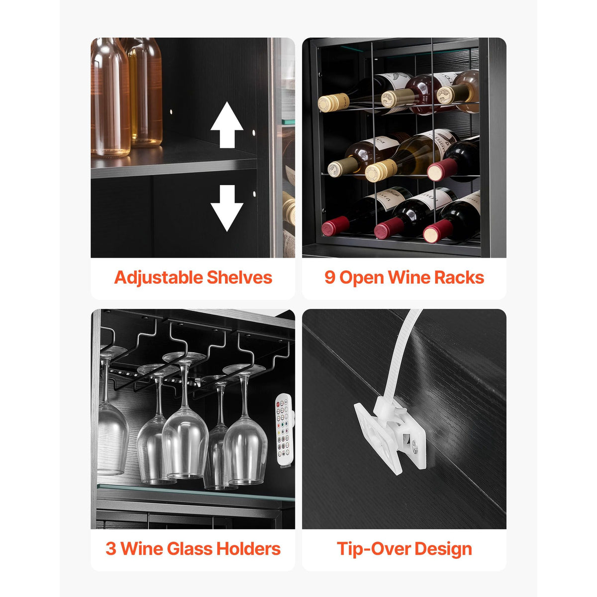 Wine Cabinet, Coffee Bar Cabinet with 9 Wine Bottle Racks, Modern Buffet Sideboard with Glass Holder, Adjustable LED Brightness, for Home Kitchen, Living Room, Dining Room, Black Wood Grain