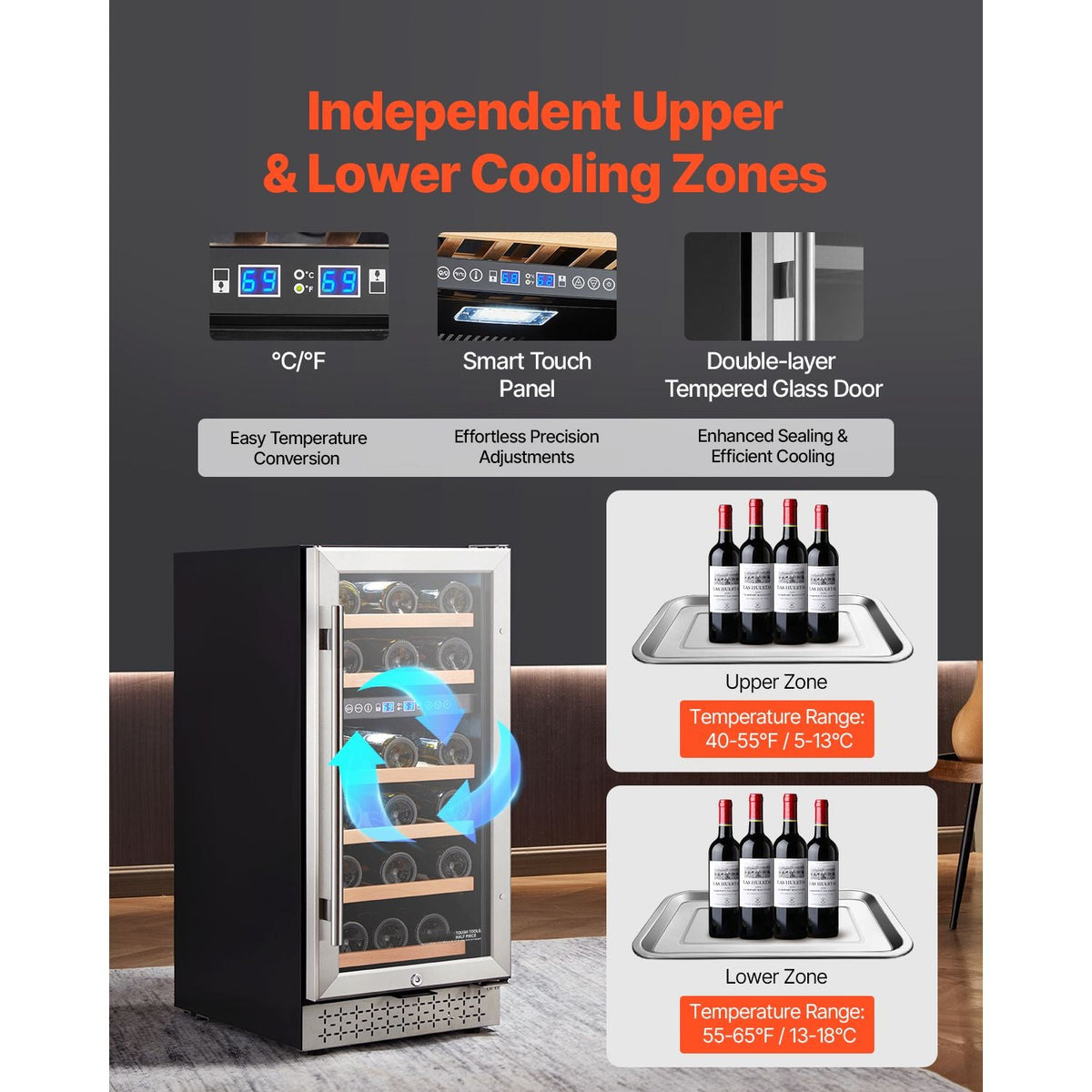 Wine Cooler, 28 Bottle Dual Zone Wine Fridge, Mini Wine Cooler Refrigerator with Glass Door, Adjustable Shelves, Digital Temperature Control, Built-in & Freestanding Fridge for Home Office Bar