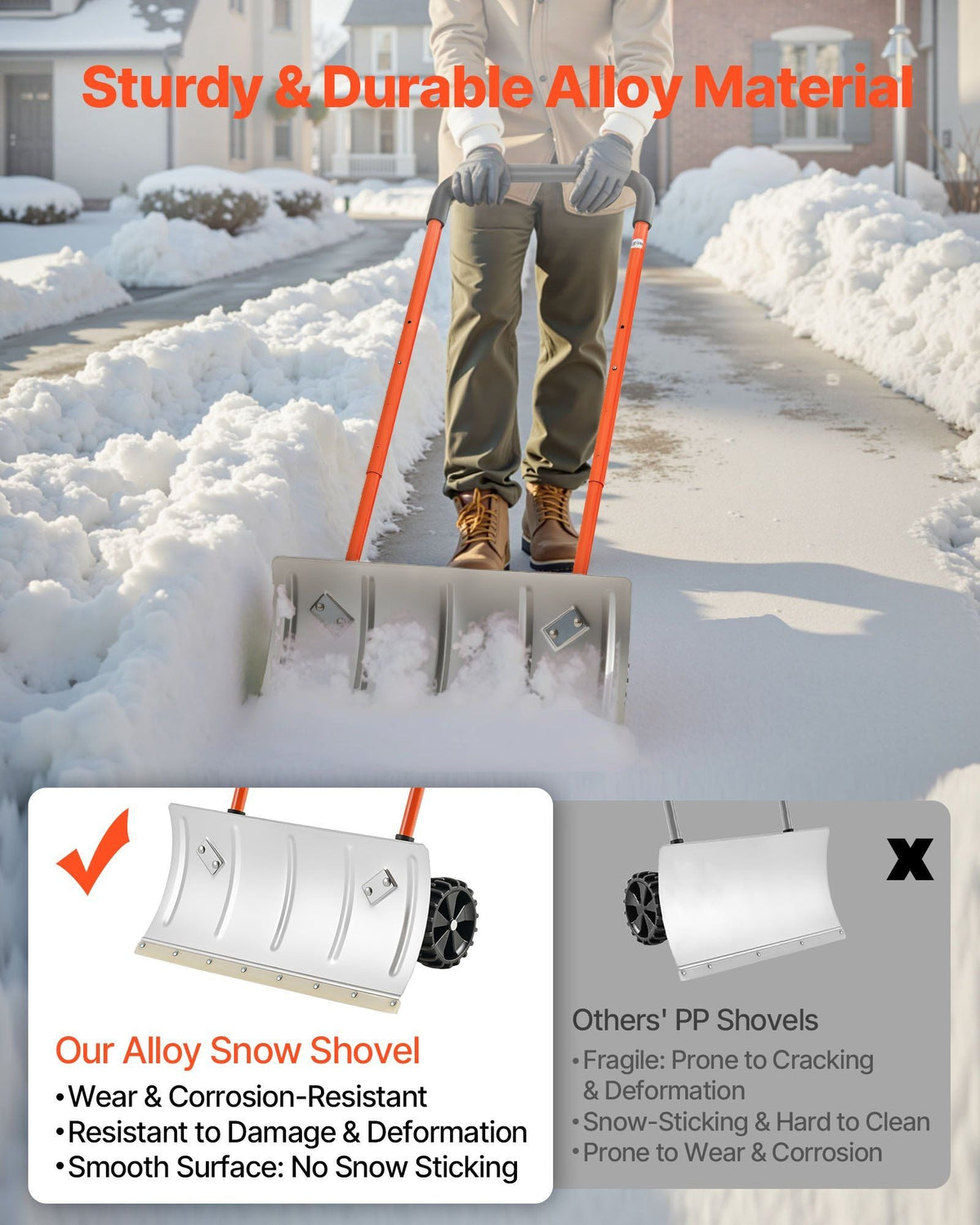 Snow Pusher Shovel with Wheels, 24 in Wheeled Snowplow Shovel with Bi-Directional Angled Blade & 90 Degree Adjustable Handle, Metal Winter Shovels, Portable Snow Removal Tool for Driveway Garden