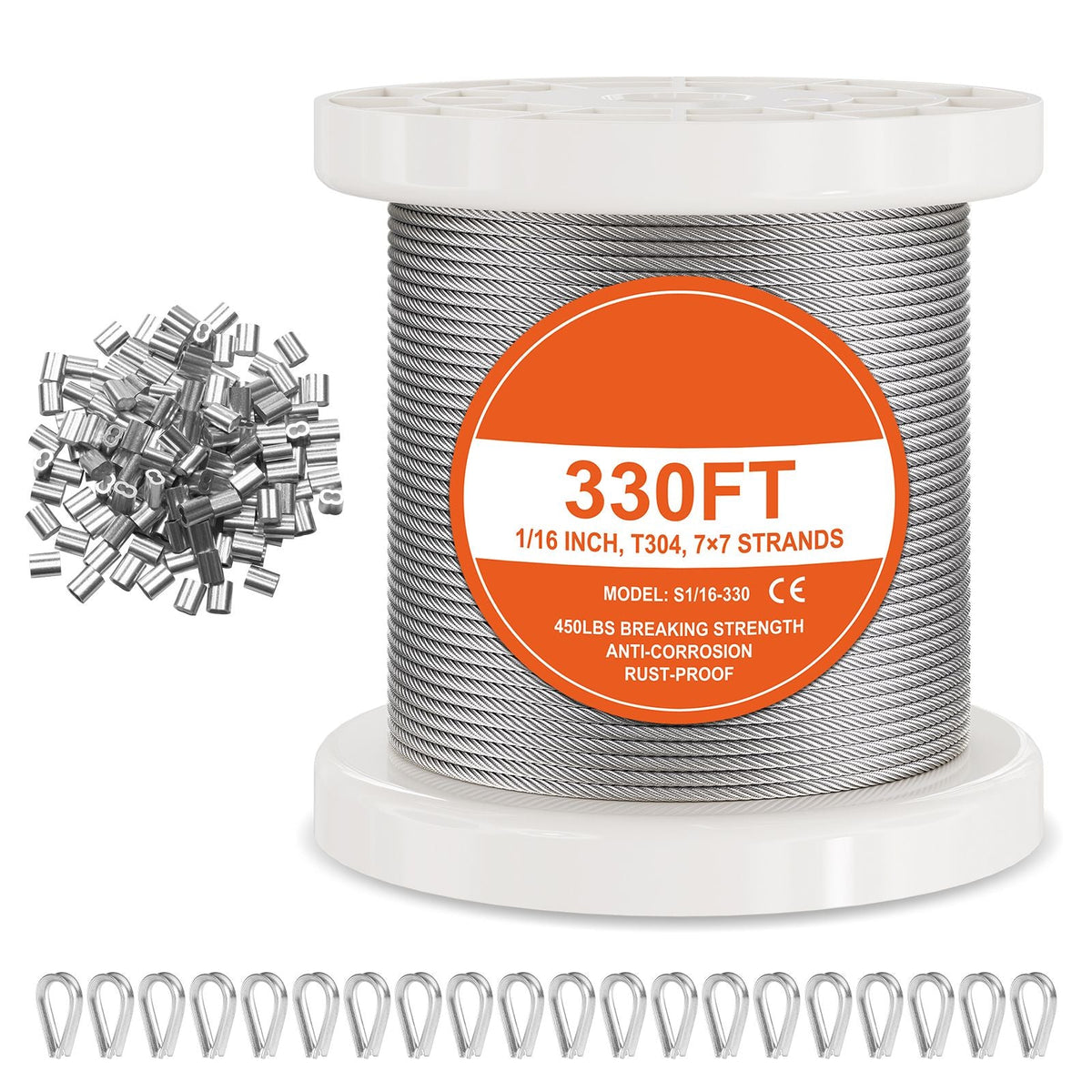 Wire Rope Kit, 1/16" 330 ft 304 Stainless Steel Cable with 80 Sleeves and 20 Thimbles, 450 lbs Breaking Strength, 7x7 Strands Marine Aircraft Grade for Handrail Stair Decking Fence Outdoors