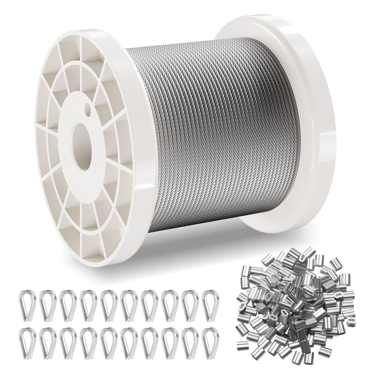 Wire Rope Kit, 1/16" 330 ft 304 Stainless Steel Cable with 80 Sleeves and 20 Thimbles, 450 lbs Breaking Strength, 7x7 Strands Marine Aircraft Grade for Handrail Stair Decking Fence Outdoors