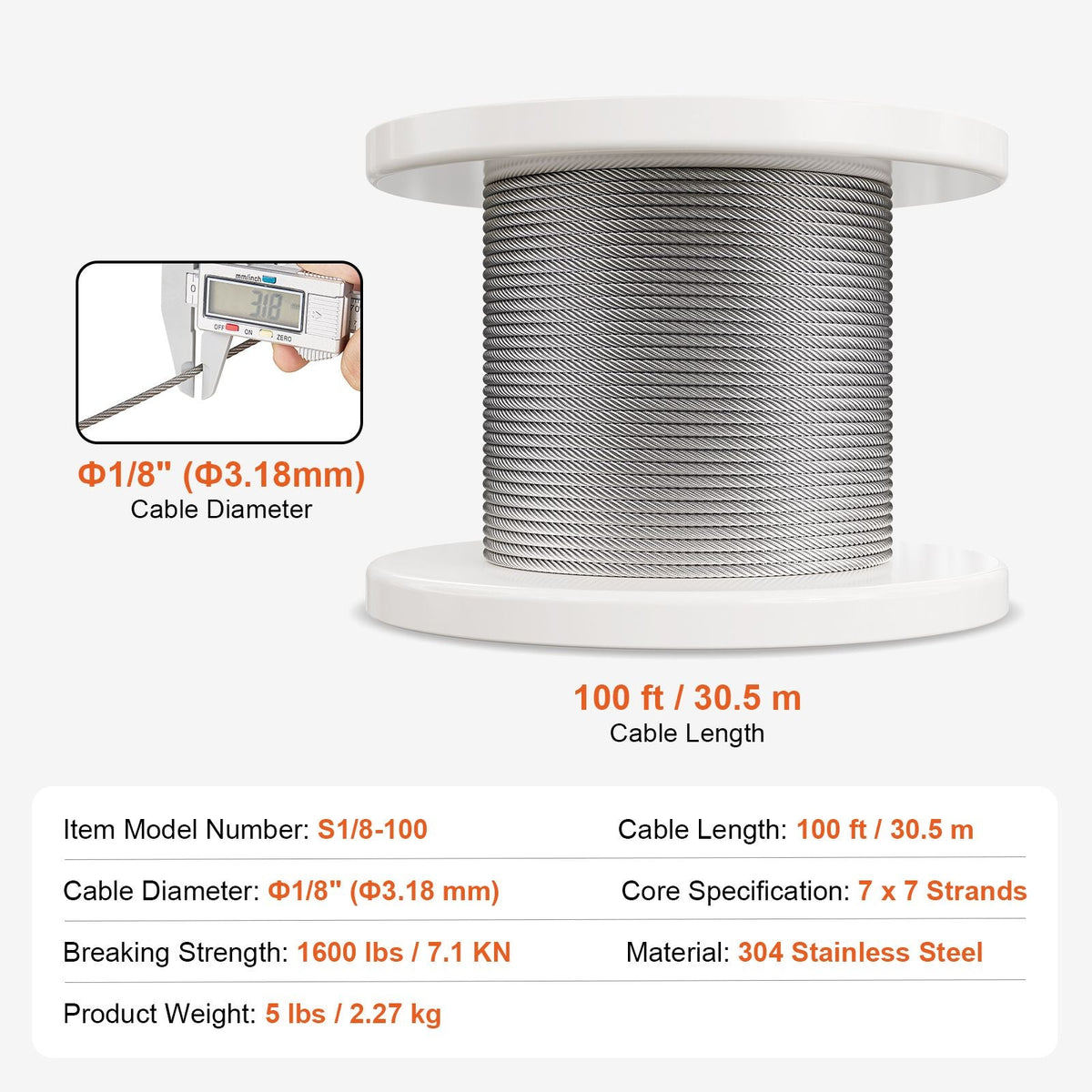Wire Rope Kit, 1/8" 100 ft 304 Stainless Steel Cable with 124 Accessories, 1600 lbs Breaking Strength, 7x7 Strands Construction Marine Aircraft Grade for Handrail Stair Decking Fence Outdoors