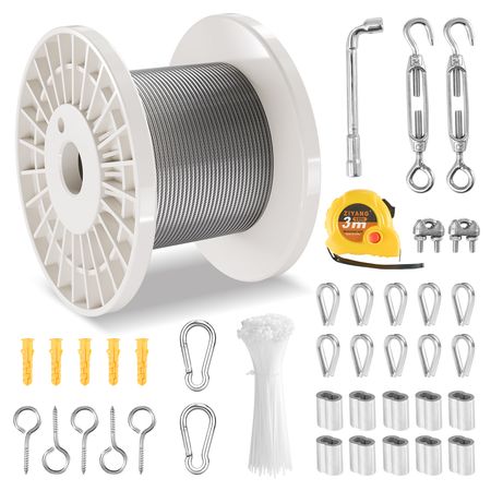 Wire Rope Kit, 1/8" 100 ft 304 Stainless Steel Cable with 59 Accessories, 650 lbs Breaking Strength, 7x7 Strands Construction Marine Aircraft Grade for Handrail Stair Decking Fence Outdoors