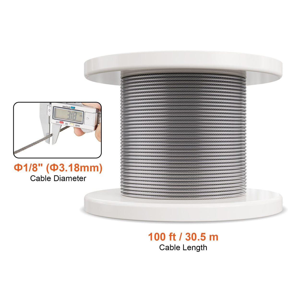 Wire Rope Kit, 1/8" 100 ft 304 Stainless Steel Cable with 59 Accessories, 650 lbs Breaking Strength, 7x7 Strands Construction Marine Aircraft Grade for Handrail Stair Decking Fence Outdoors