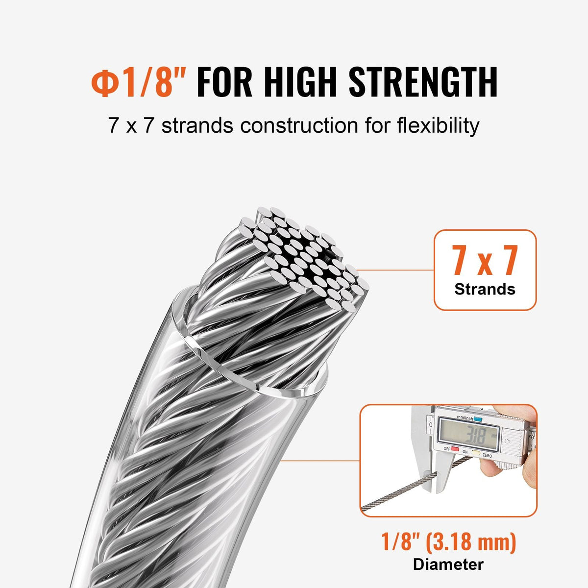 Wire Rope Kit, 1/8" 100 ft 304 Stainless Steel Cable with 59 Accessories, 650 lbs Breaking Strength, 7x7 Strands Construction Marine Aircraft Grade for Handrail Stair Decking Fence Outdoors