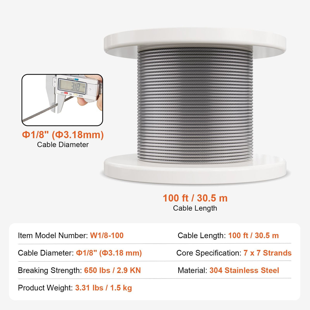 Wire Rope Kit, 1/8" 100 ft 304 Stainless Steel Cable with 59 Accessories, 650 lbs Breaking Strength, 7x7 Strands Construction Marine Aircraft Grade for Handrail Stair Decking Fence Outdoors