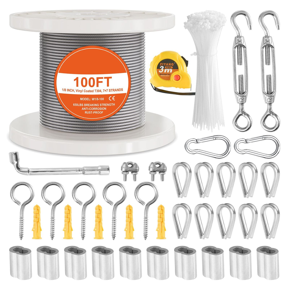 Wire Rope Kit, 1/8" 100 ft 304 Stainless Steel Cable with 59 Accessories, 650 lbs Breaking Strength, 7x7 Strands Construction Marine Aircraft Grade for Handrail Stair Decking Fence Outdoors