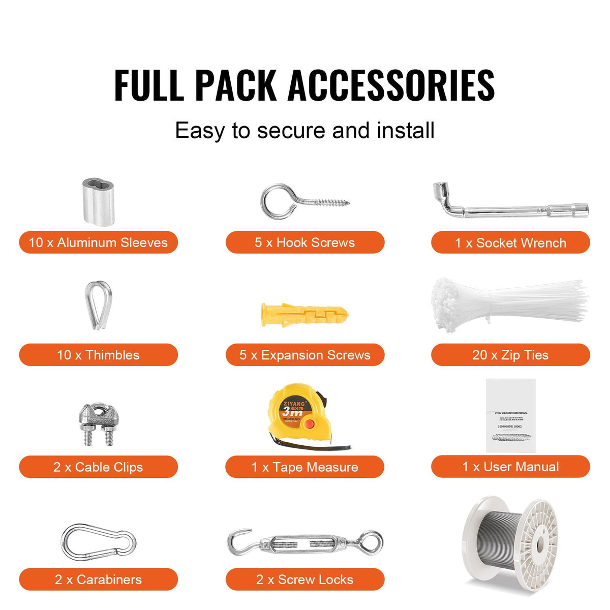 Wire Rope Kit, 1/8" 100 ft 304 Stainless Steel Cable with 59 Accessories, 650 lbs Breaking Strength, 7x7 Strands Construction Marine Aircraft Grade for Handrail Stair Decking Fence Outdoors