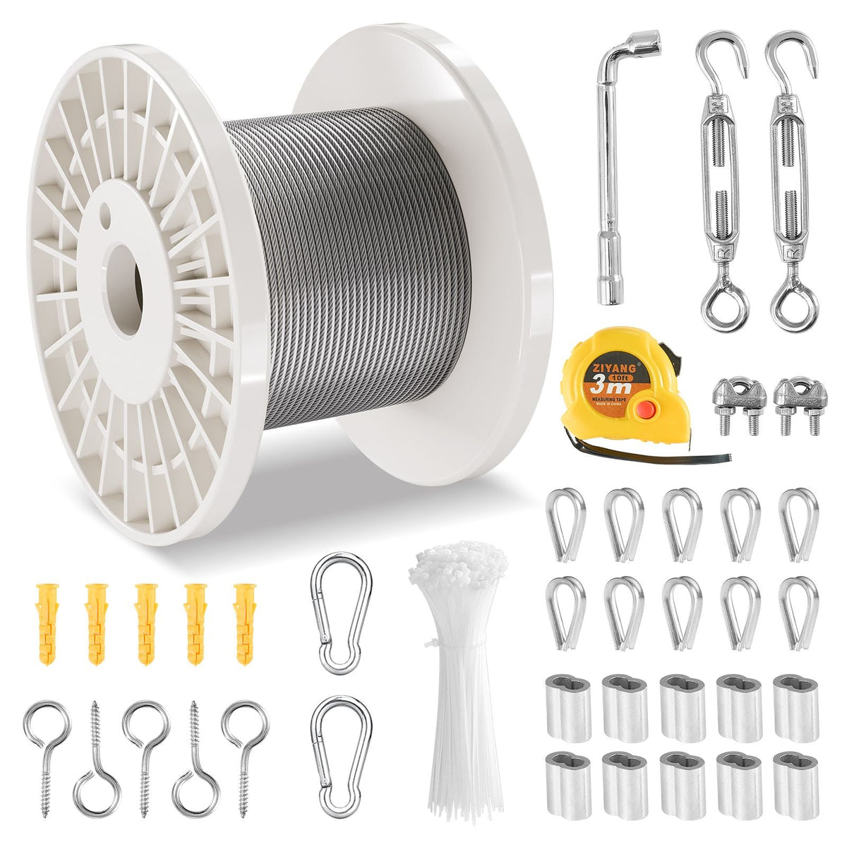Wire Rope Kit, 1/8" 100 ft 304 Stainless Steel Cable with 59 Accessories, 650 lbs Breaking Strength, 7x7 Strands Construction Marine Aircraft Grade for Handrail Stair Decking Fence Outdoors