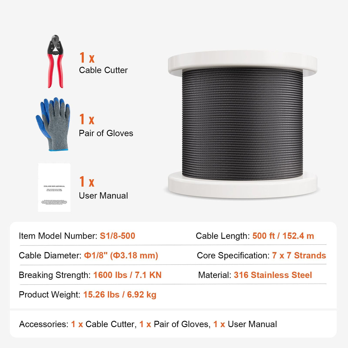 Wire Rope Kit, 1/8" 500 ft 316 Stainless Steel Cable with Cutter and Gloves, 1600 lbs Breaking Strength, 7x7 Strands Core Marine Aircraft Grade for Handrail Stair Decking Fence Outdoors, Black