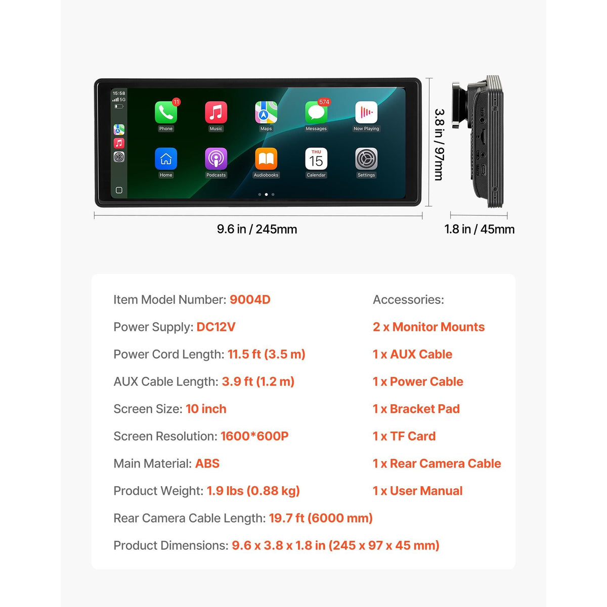 Wireless Car Stereo, 10-Inch HD Portable Radio Touch Screen with Apple CarPlay and Android Auto, CarPlay Screen with Front & Backup Cameras, Voice Control, Mirror Link, Bluetooth, GPS Navigation