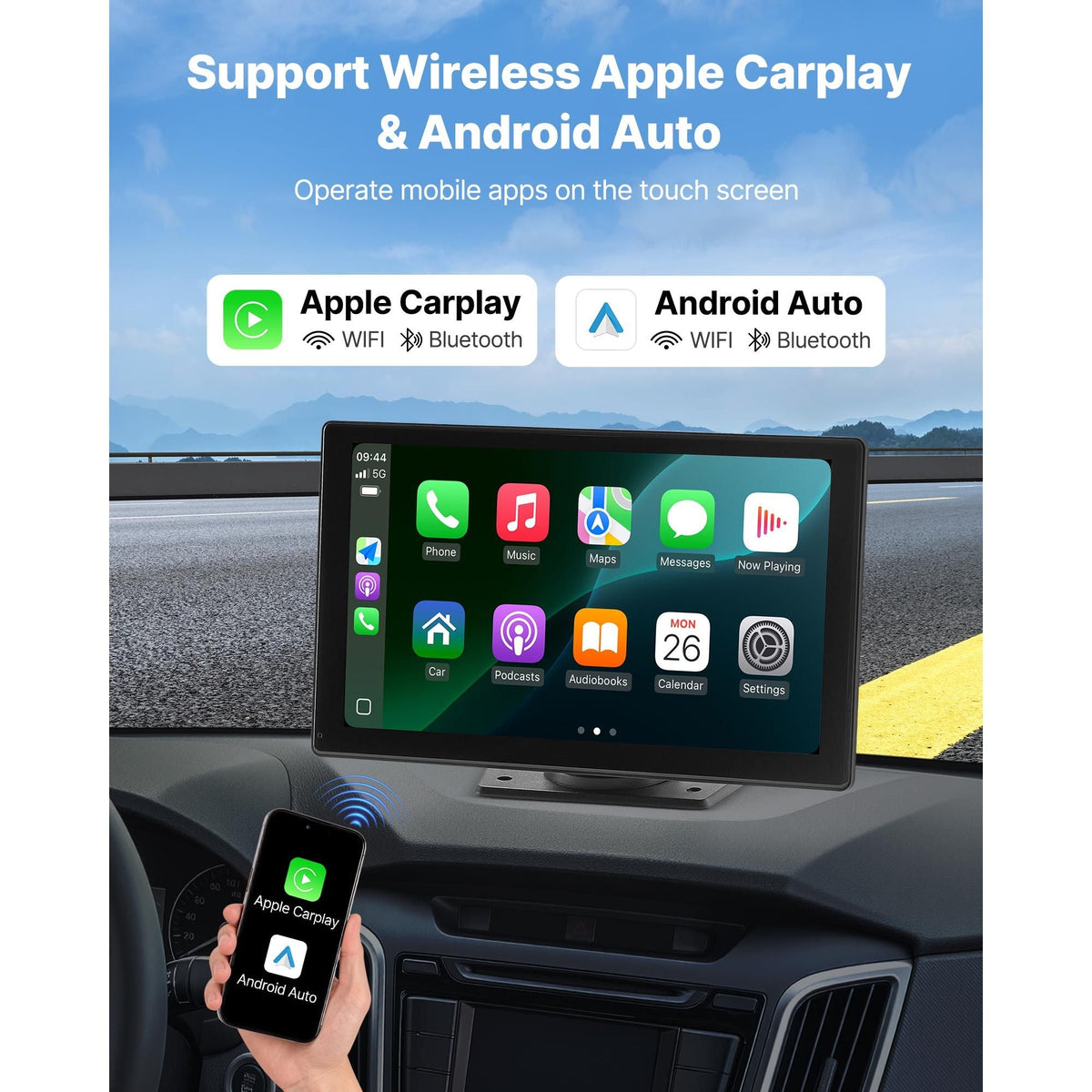 Wireless Car Stereo, 9-Inch HD Portable Radio Touch Screen Compatible with Apple CarPlay & Android Auto, CarPlay Screen with Backup Camera, Voice Control, Mirror Link, Bluetooth, GPS Navigation